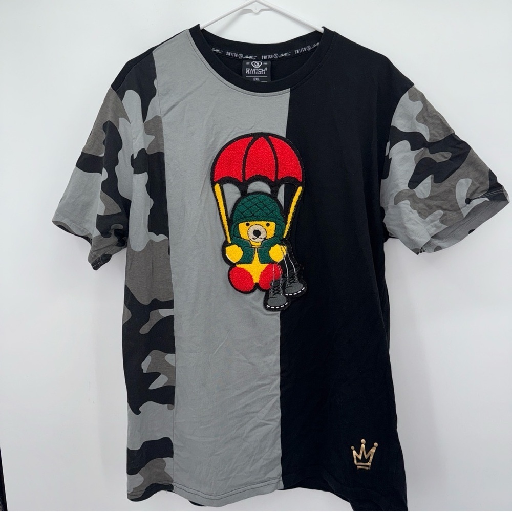 Switch Parachuting Teddy Bear Shirt Mens 2XL Black Gray Camo Embroidered